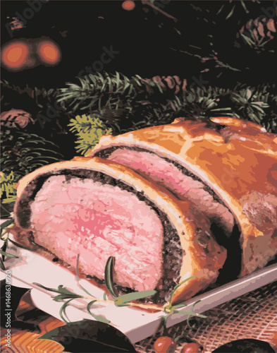 Beef Wellington vector illustration. Realistic gourmet dish with golden puff pastry and beef tenderloin. Perfect for restaurant menus, recipe books, and culinary design projects.