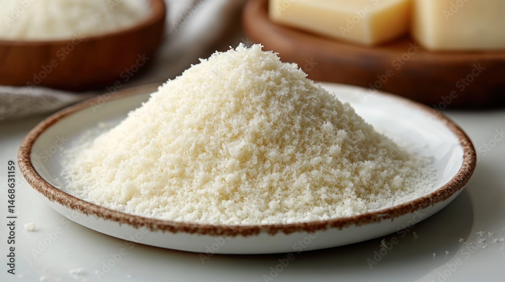 Pile of grated cheese on a plate with cheese blocks in background. Pile of grated cheese on a plate with cheese blocks in background.