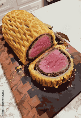 Beef Wellington vector illustration. Realistic gourmet dish with golden puff pastry and beef tenderloin. Perfect for restaurant menus, recipe books, and culinary design projects.