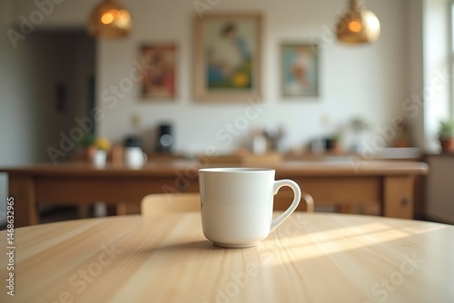 Wallpaper Mural White Mug On A Wooden Table With A Blurred Kitchen Background, cozy atmosphere, coffee shop design Torontodigital.ca