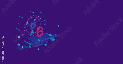 Pink thai baht symbol on a pedestal of abstract geometric shapes floating in the air. Abstract concept art with flying shapes on the left. 3d illustration on deep purple background