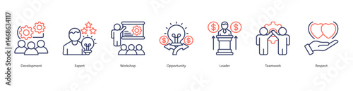 Leadership Development web banner icon sheet vector development, expert, workshop, opportunity, leader, teamwork, respect