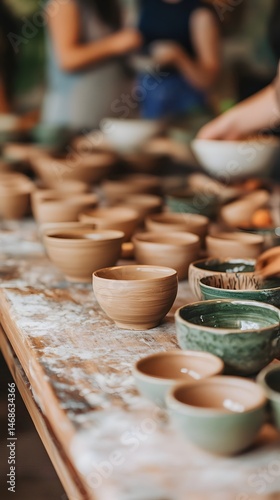 Handmade pottery bowls, various colors, on a table