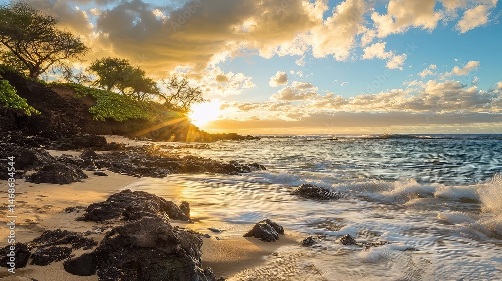 Naklejka premium Golden Sunset Over Rocky Beach with Lush Trees on Shoreline With Warm Colors and Soft Light Creates A Tropical Island