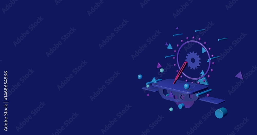 Fototapeta premium Pink thermometer symbol on a pedestal of abstract geometric shapes floating in the air. Abstract concept art with flying shapes on the right. 3d illustration on indigo background