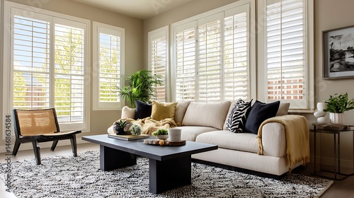 Modern living room with a beige sofa, black accents, and natural light streaming through white plantation shutters