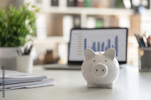 Piggy bank on desk with financial graph