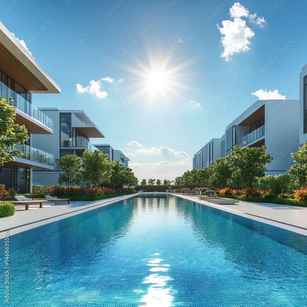 Fototapeta premium Modern residential complex with a beautiful pool and landscaping