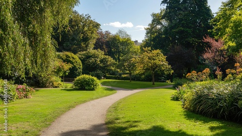 Gravel Path Through a Lush Green Park Filled with Trees and Bushes on a Sunny Day Bathed in Bright Light