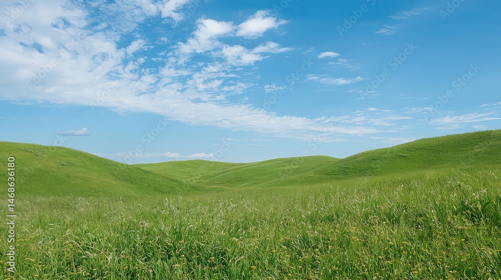 Obraz premium Green Grassy Field with Rolling Hills and Blue Sky with Puffy White Clouds in a Sunny Day
