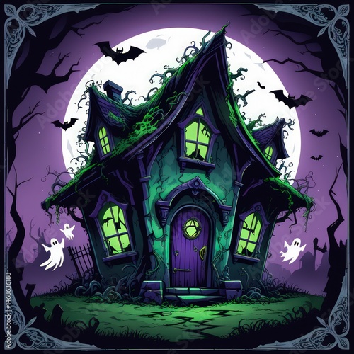 A spooky Halloween night illustration shows a haunted house silhouette under a dark moonlit sky with bats, trees, and a pumpkin, embodying the scary holiday art