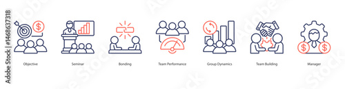 Team Building web banner icon sheet objective, seminar, bonding, team performance, group dynamics, team building, manager