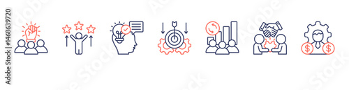 Team Motivation web banner icon sheet vector team spirit, motivation, communication skills, goal setting, group dynamics, team building, manager