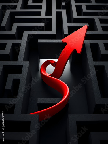 A dynamic red arrow weaving its way out of a challenging black maze, highlighting the journey to success