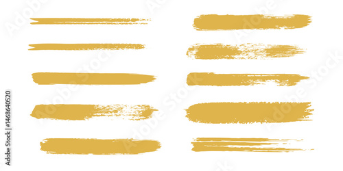 Gold paint wavy long brush strokes vector set, uneven golden foil lines, curved stripes, deckled edge glittering streaks. Hand drawn shiny graphic design elements, text backgrounds, border templates