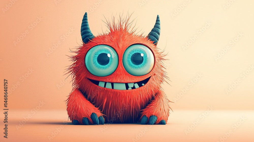 Fototapeta premium Cute monster, studio shot, light peach background