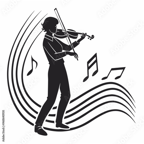  vector icon of a person playing violin, black silhouette, white background, minimalist design