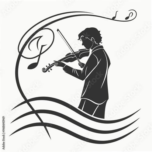  vector icon of a person playing violin, black silhouette, white background, minimalist design