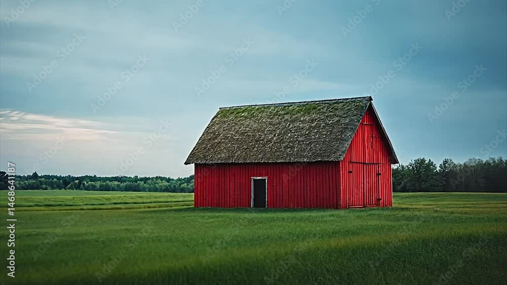 Red barn in a green field under a cloudy sky Red barn in a green field under a cloudy sky