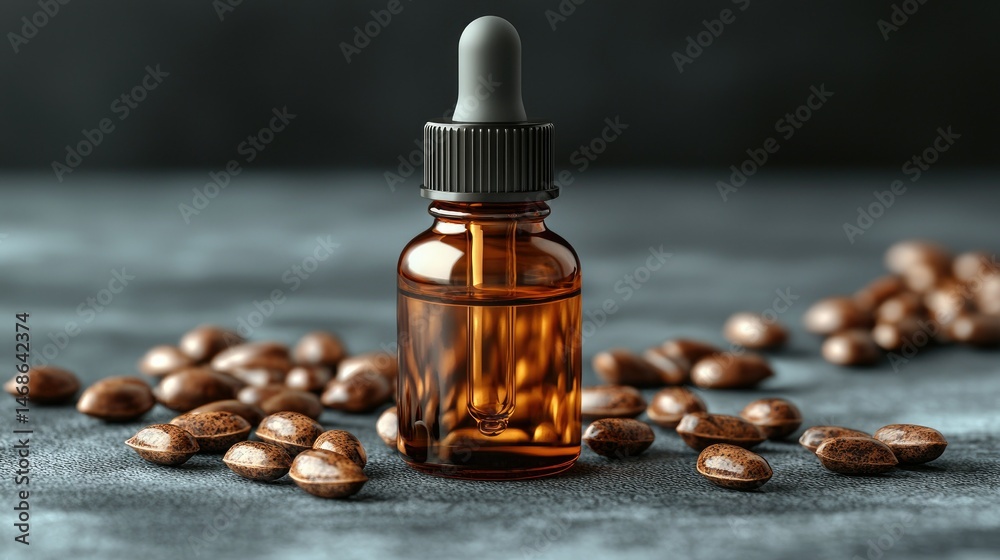 A bottle of oil with nuts displayed on textured surface A bottle of oil with nuts displayed on textured surface