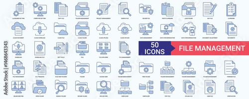 File Management icon collection set with Clipboard, Computer, Copy file, Search file, Secure file	
