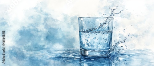 Watercolor illustration of a glass of water splashing.