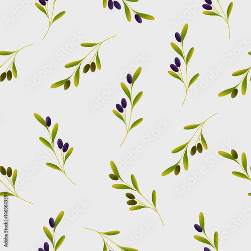 Seamless pattern of black olives and green leaves in repeating motif