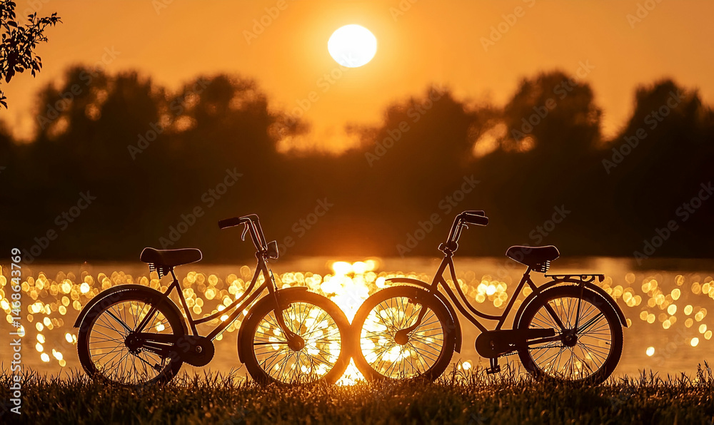 Obraz premium Silhouette of Two Bicycles at Sunset by a Lake