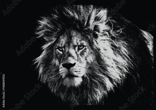 Halftones lion head on black