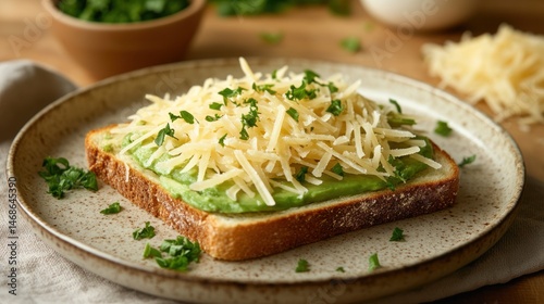 Wallpaper Mural Avocado toast with shredded cheese and herbs on a plate on a table. Torontodigital.ca