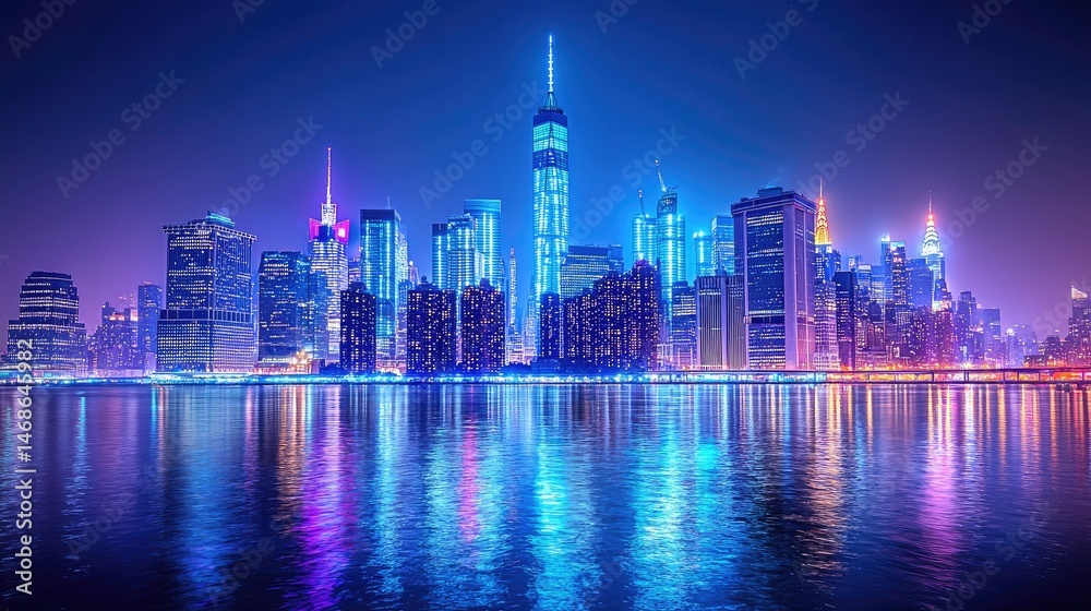 Obraz premium Illuminated city skyscrapers reflected in the tranquil waterfront waters at night