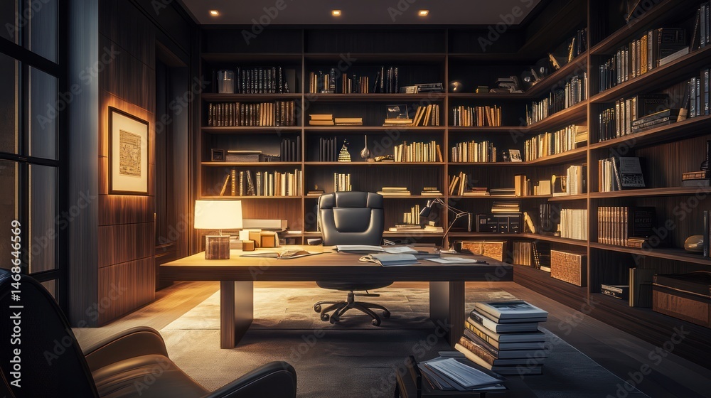 Obraz premium Dark, Luxurious Home Office, Bookshelves, Workspace