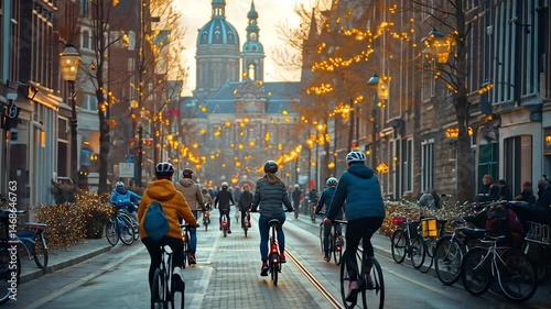 Cyclists on a charming cobblestone street, illuminated by warm evening lights and festive decorations, with a church in the background