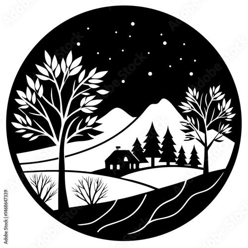 winter landscape with tree and moon