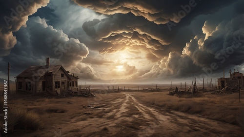 Desolate Landscape with Abandoned House and Dramatic Sky at Sunset: An Eerie Atmosphere on a Dusty Road in a Rural Scene