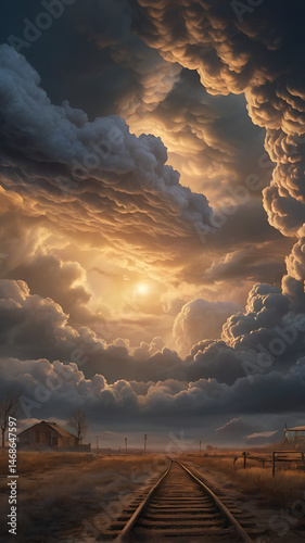 <Dramatic Sunset Lighting Over Rural Railroad Tracks: A Serene Cloudscape Journey>