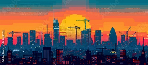 Pixelated city skyline at sunset