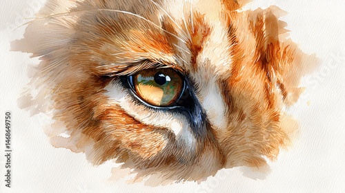Detailed lion eye in watercolor with mane barely suggested around it, soft focus painting with artistic simplicity and wide margin space
