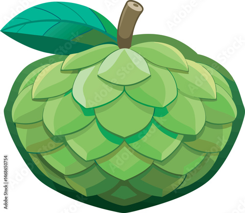 A vibrant vector art illustration of a sugar apple fruit, showcasing its unique segmented texture, lush green color, and tropical freshness.