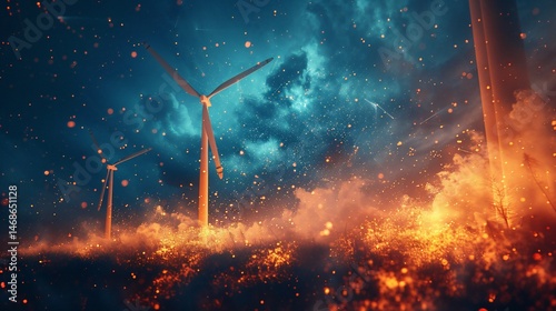  Powerful wind turbines stand amidst a raging inferno. Fiery flames and sparks illuminate a stormy night