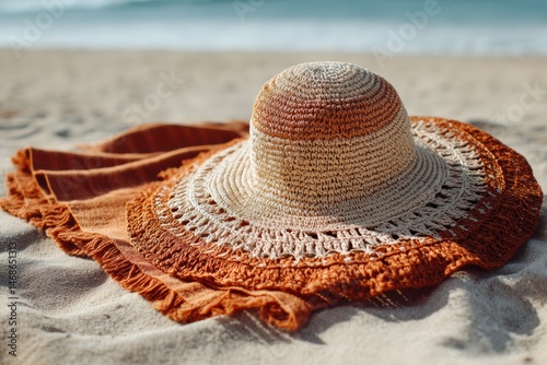 Sunhat Resting on a Towel Beside Sandy Beach During a Sunny Day by the Ocean Waves Generative AI