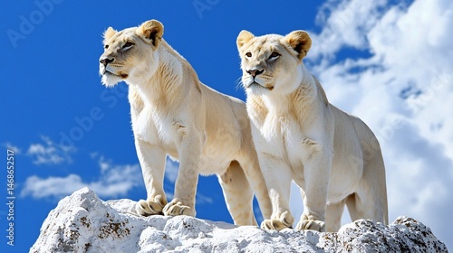 lion pair standing side by side, minimal background detail to highlight form, spacious clouded sky, romantic and quiet mood, flat grassy terrain