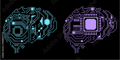 Circuit board brain vector showing digital neural lines and chip patterns, symbolizing artificial intelligence, technology, and machine thinking. Ideal for AI, tech, and innovation concepts.