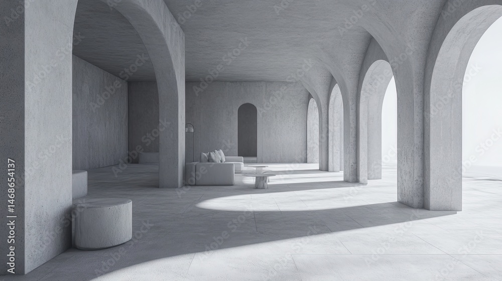 Fototapeta premium A minimalist, light-filled concrete architectural interior.