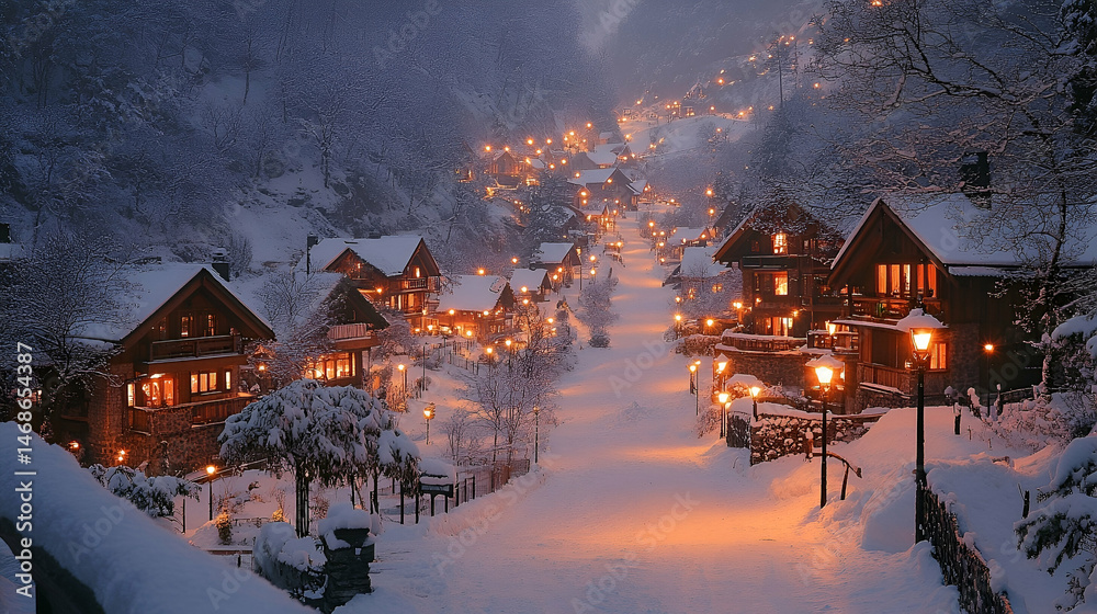Fototapeta premium Snow Covered Village at Night with Warm Lights