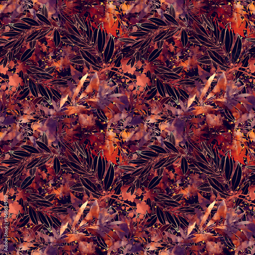 Dark fantasy leaves. Boho chic floral seamless pattern. Hand drawn endless motif in watercolour and digital. Mixed media botanical design for textile, fabric, packaging, decoupage, prints, souvenirs.