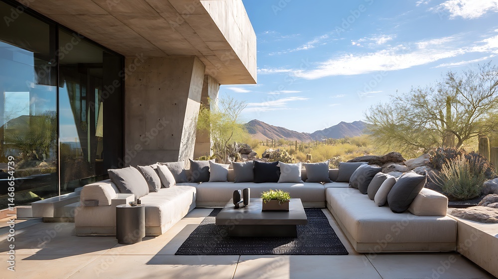 Fototapeta premium Modern outdoor lounge area with sectional sofa in a desert residence on a sunny day