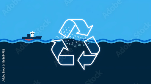 Minimalist Illustration of a Ship Collecting Ocean Plastic into a Neon Yellow Recycling Icon Floating on a Vast Blue Sea