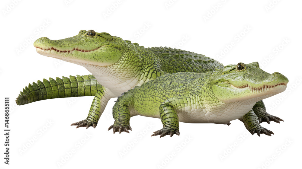 Naklejka premium Alligator Pair: Two alligators, one larger and one smaller, present a captivating sight with their textured skin, and intense eyes, perfectly composed against a solid background. 