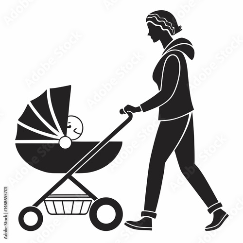  vector icon of a person walking with a baby in a stroller, black silhouette, white background, simple design